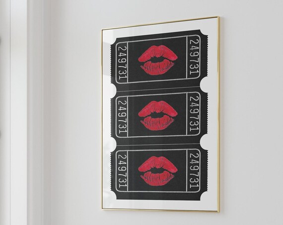 Red Lipstick Kiss Marks on Black Ticket Stubs Dramatic Pop Art Poster