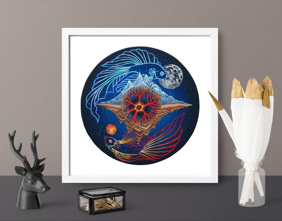 Print File Instant Jpg Balance Original Art Fish Moon Eye Red And Blue Landscape Painting Pisces