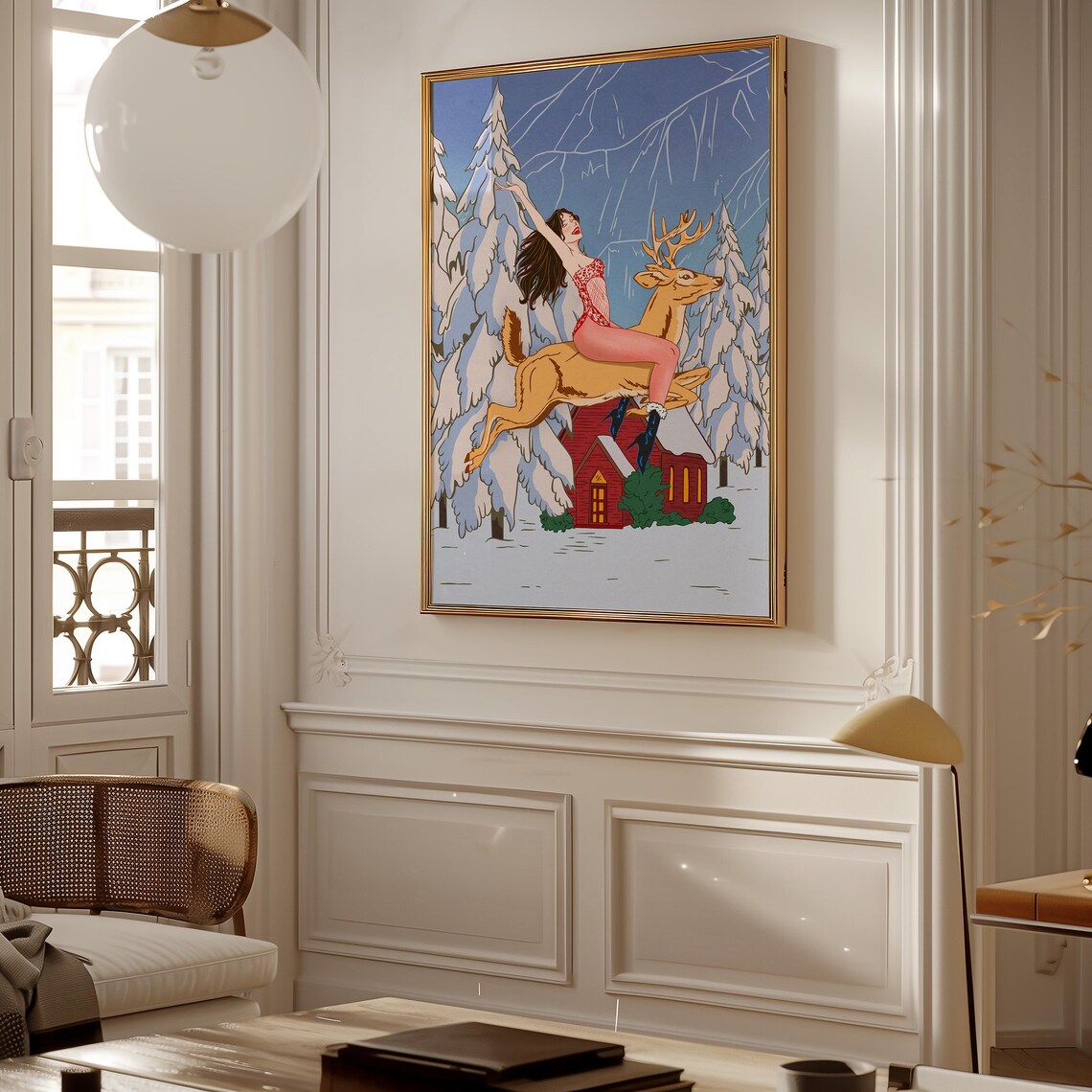 Pin Up Girl Reindeer Ride Snowy Christmas Cabin Holiday Art Poster - Image 2