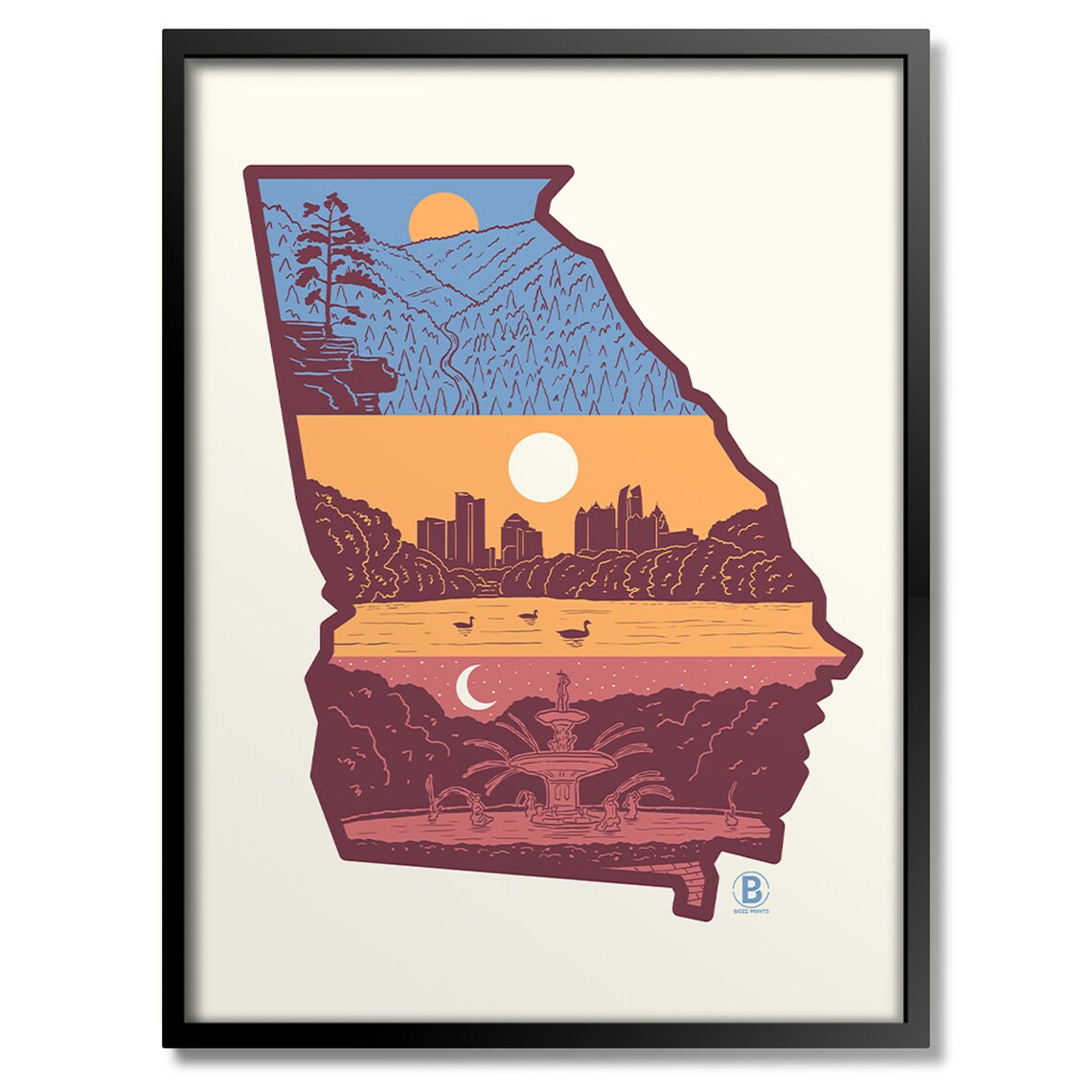 Layers Of Georgia State Map Mountains Atlanta Skyline Retro Art Poster