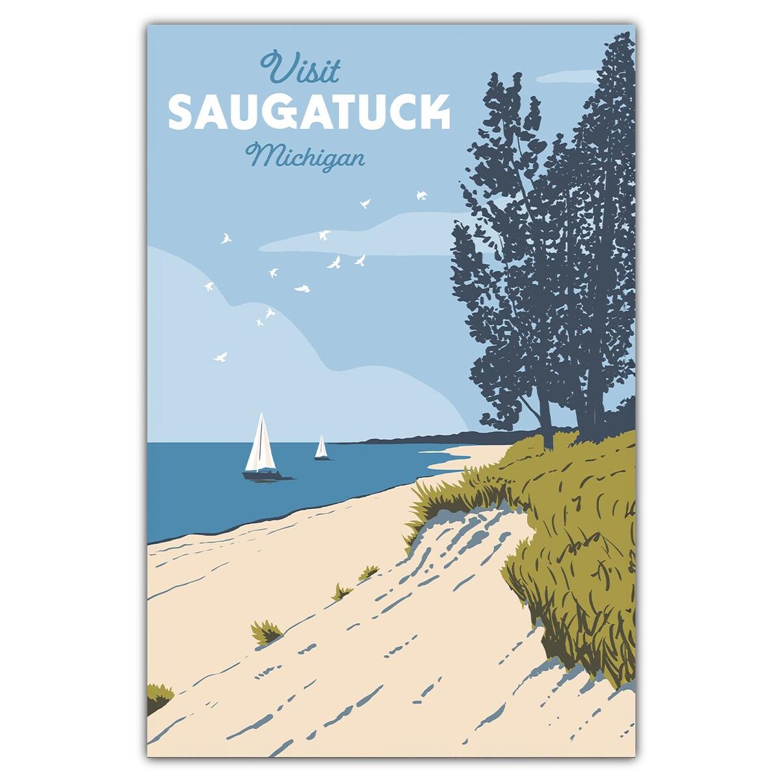 Visit Saugatuck Michigan Beach Dunes Sailboat Vintage Travel Poster