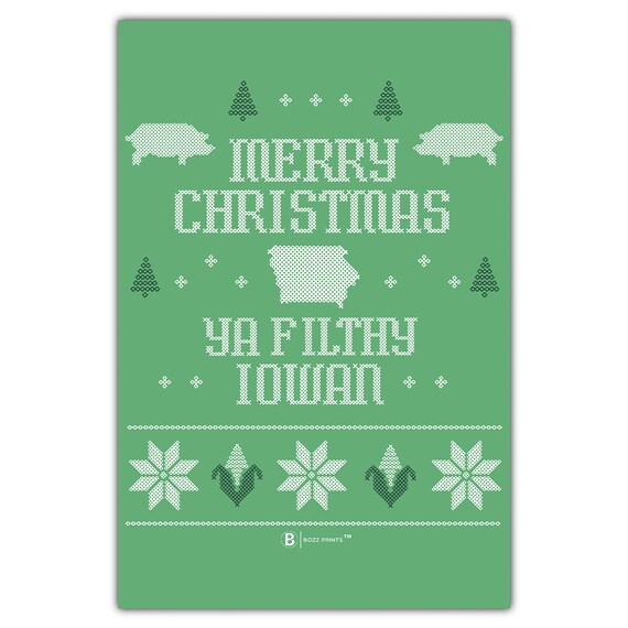 Merry Christmas Ya Filthy Iowan Cross Stitch Style Holiday Poster