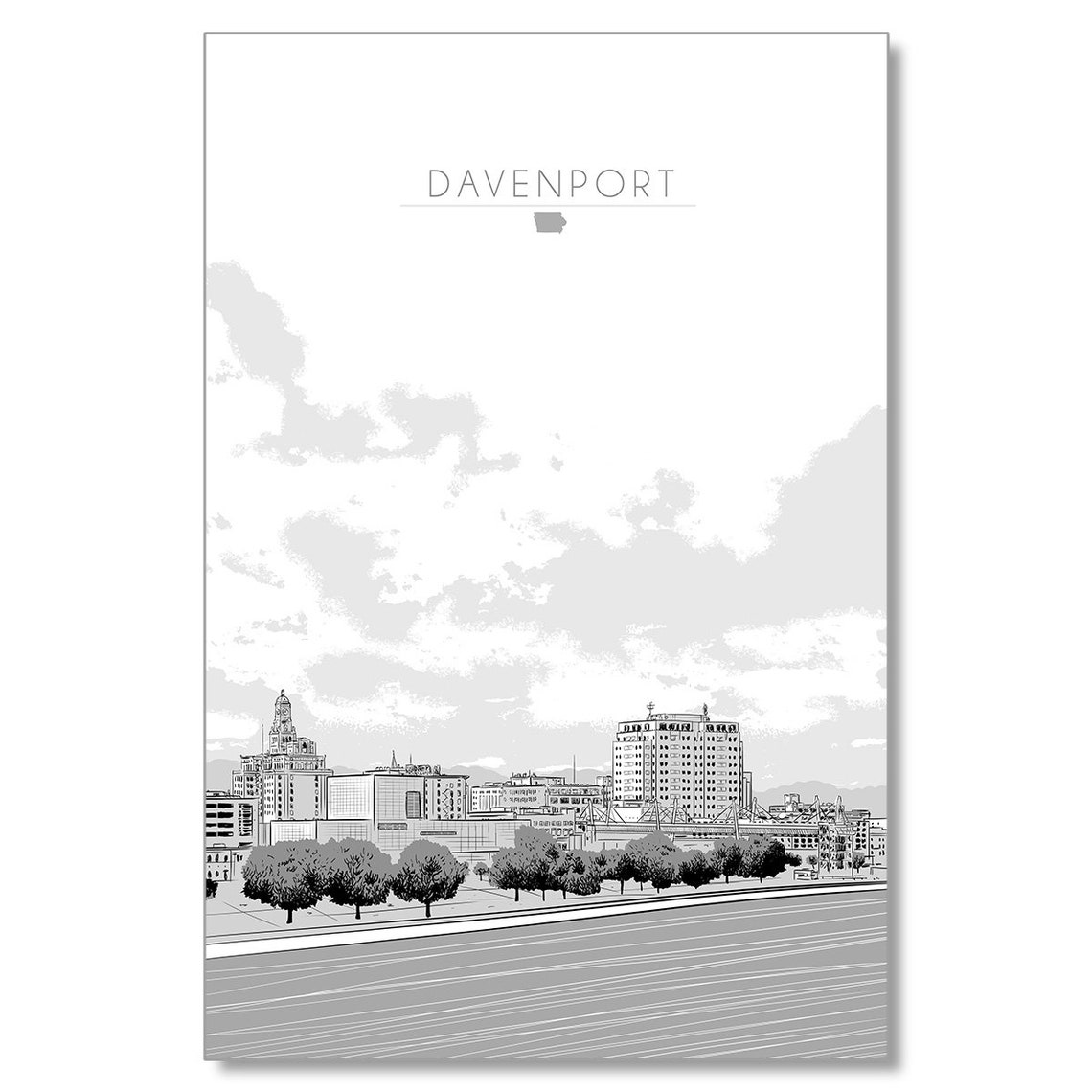 Davenport Iowa Skyline Minimalist Grayscale City Travel Poster