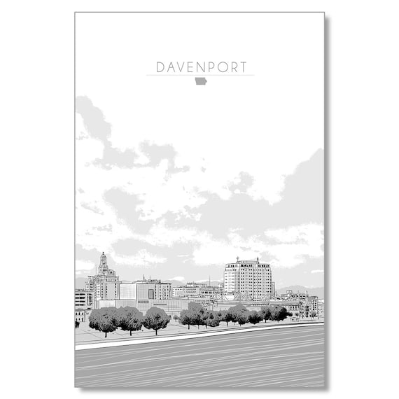Davenport Iowa Skyline Minimalist Grayscale City Travel Poster
