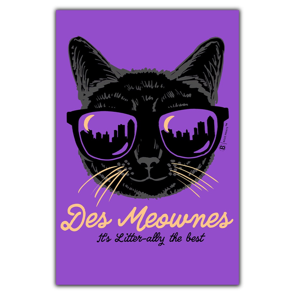 Des Meownes Funny Black Cat Sunglasses Purple Pop Art Poster
