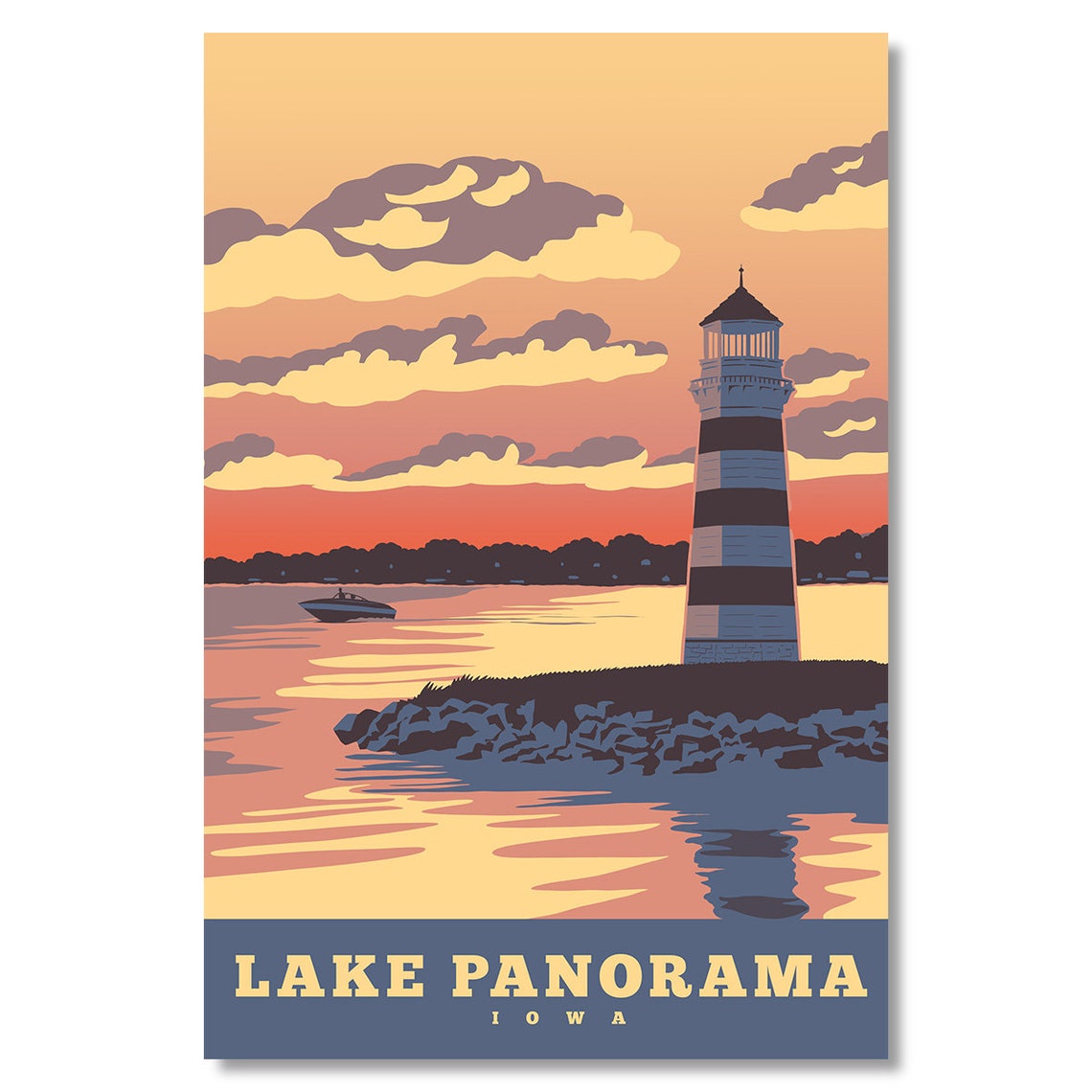 Lake Panorama Iowa Lighthouse Sunset Boat Lake Scene Travel Poster