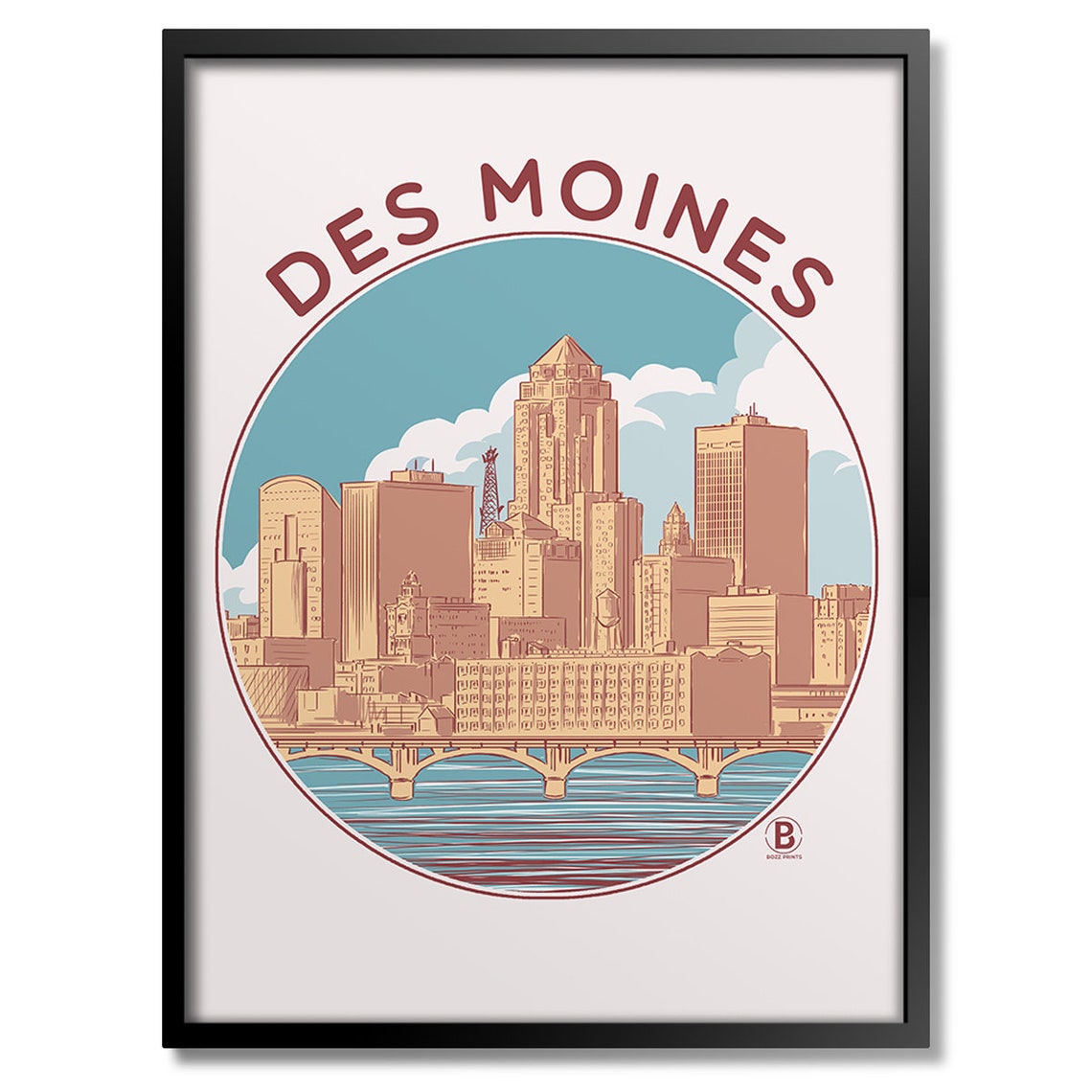 Des Moines Skyline Circle Badge Riverfront Vintage Travel Poster