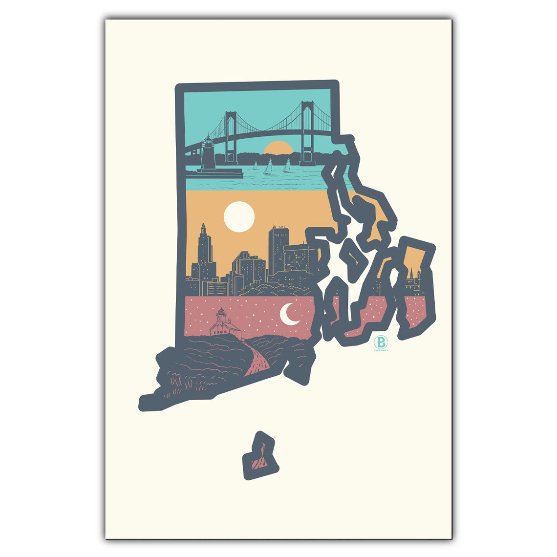 Rhode Island State Shape Landmarks Vintage Travel Poster Artwork