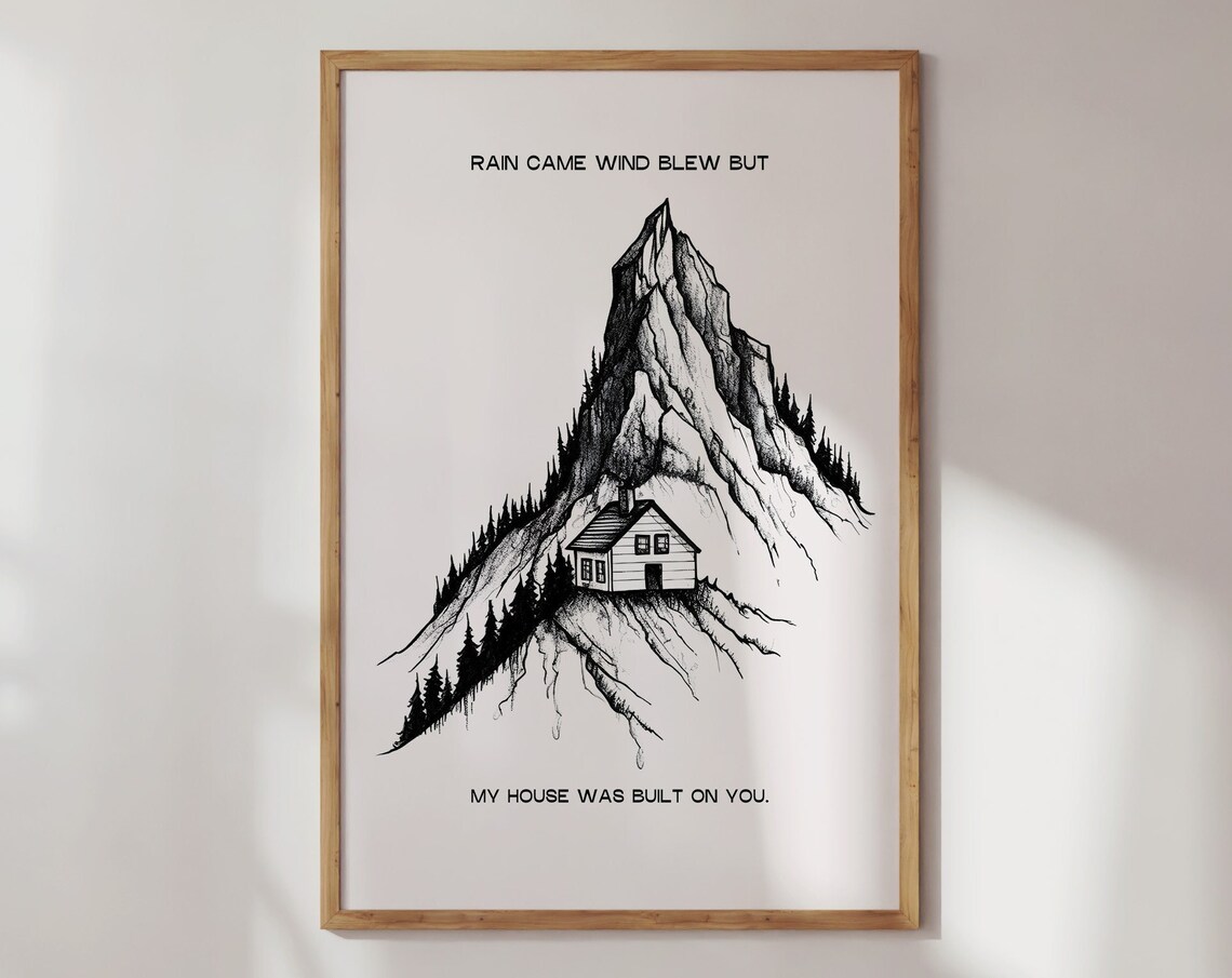 My House Was Built on You Mountain Cabin Ink Christian Quote Poster