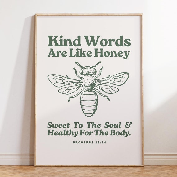 Kind Words Are Like Honey Retro Print Christian Wall Art Scripture Wall Art Gift Dorm Room Essentials Vintage Sage Green Wall Art