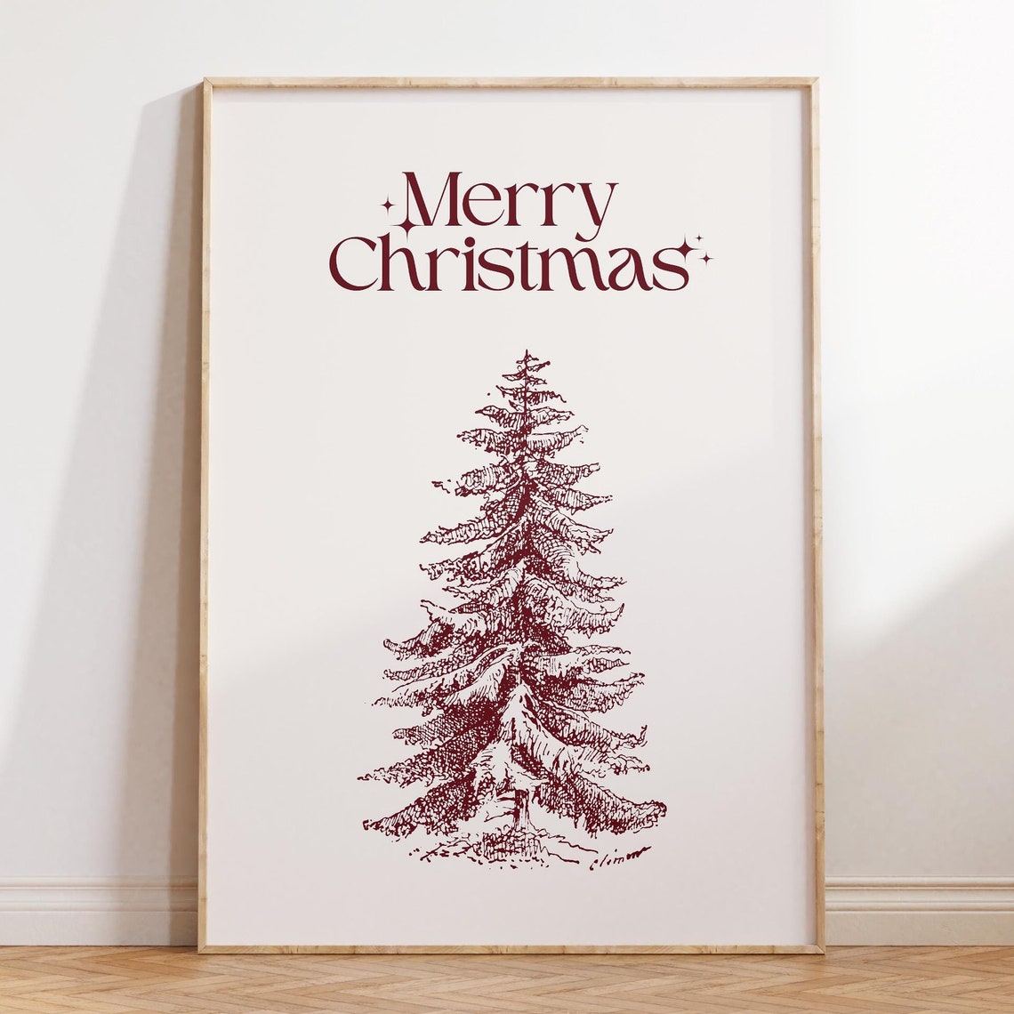 Merry Christmas Pine Tree Sketch Maroon Vintage Holiday Poster