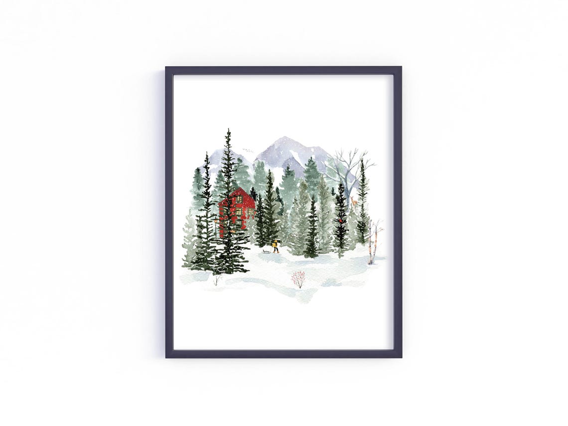 Snowy Red Cabin Watercolor Mountain Woodland Winter Landscape Poster - Image 4