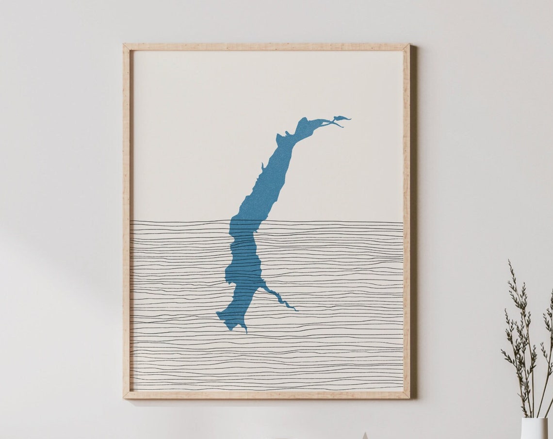 Yale Lake Minimalist Map Art With Blue Boho Line Waves Poster