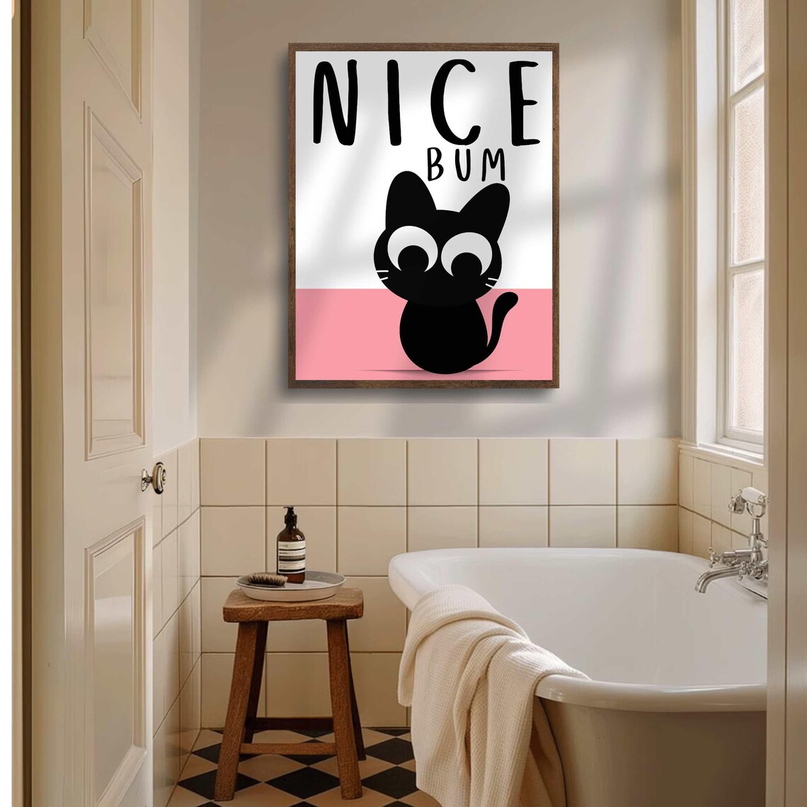 Nice Bum Sitting Black Cat With Pink Band Funny Cat Pun Poster - Image 3
