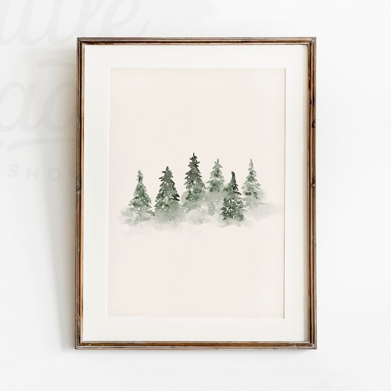 Minimal Winter Tree Christmas Art Print, Rustic Earthy