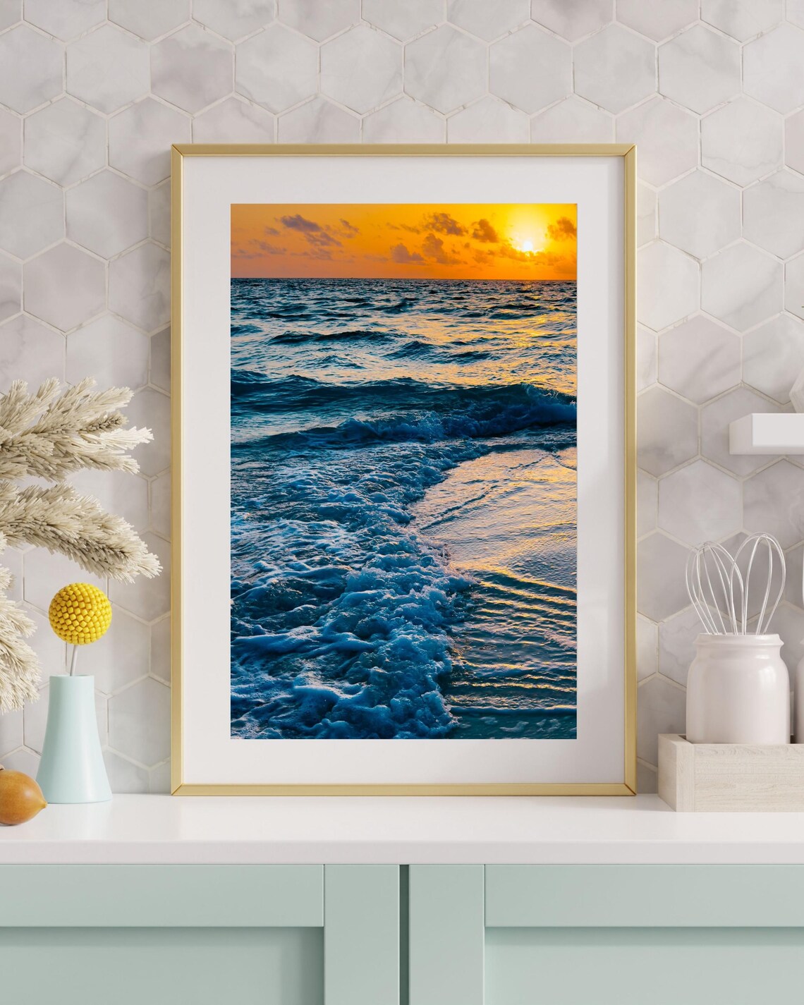 Golden Hour Ocean Waves Sunset Light Beach Coastal Photo Poster