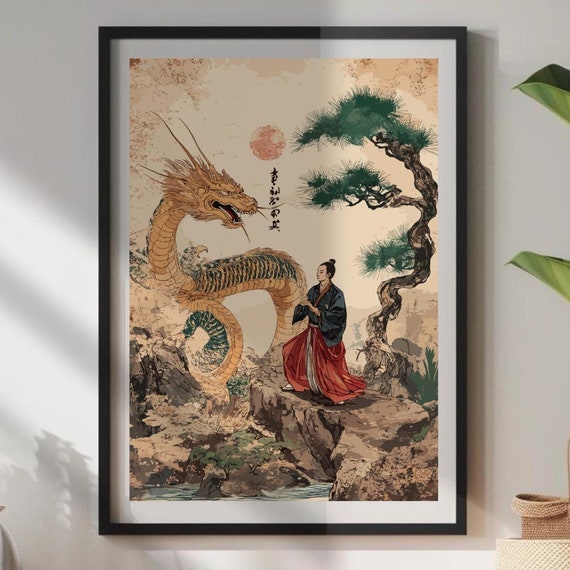 Japanese Dragon And Warrior Art Print, Traditional Style