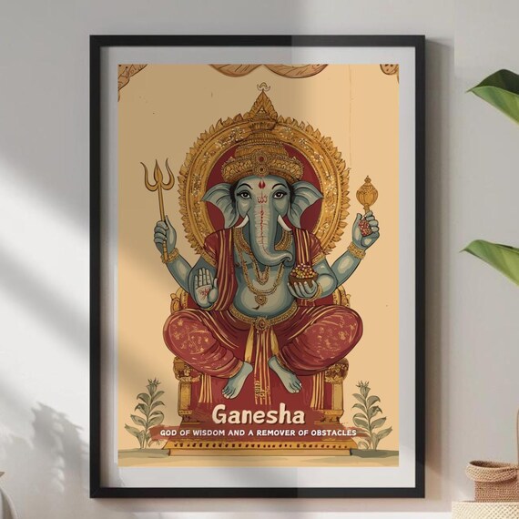 Ganesha Print Hindu God Of Wisdom And A Remover Obstacles Poster Ancient Art Mythology Spiritual Decor For Home