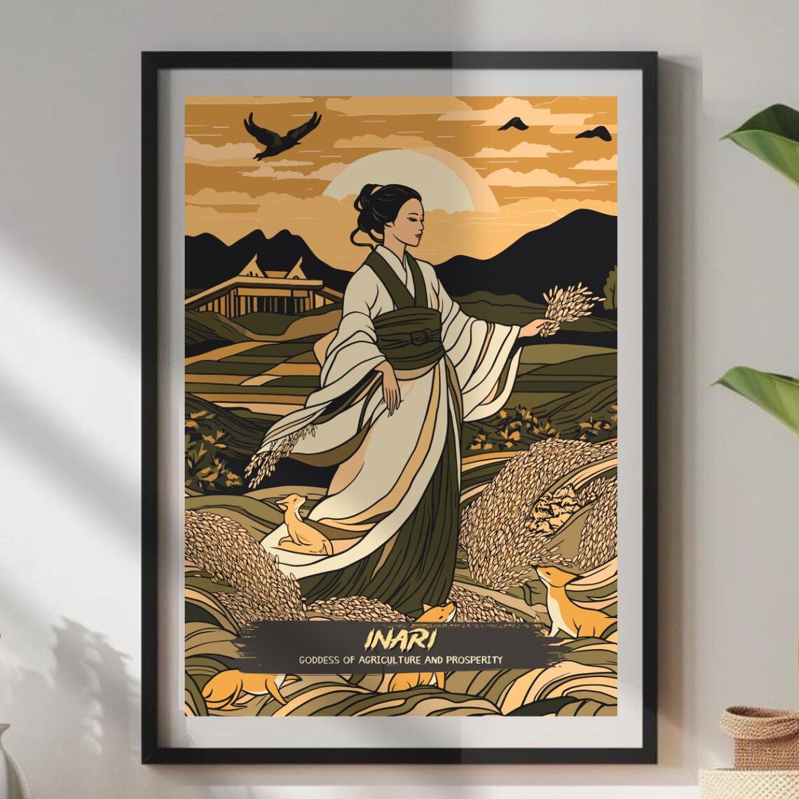 Inari Japanese Goddess Of Agriculture Foxes Rice Fields Art Poster