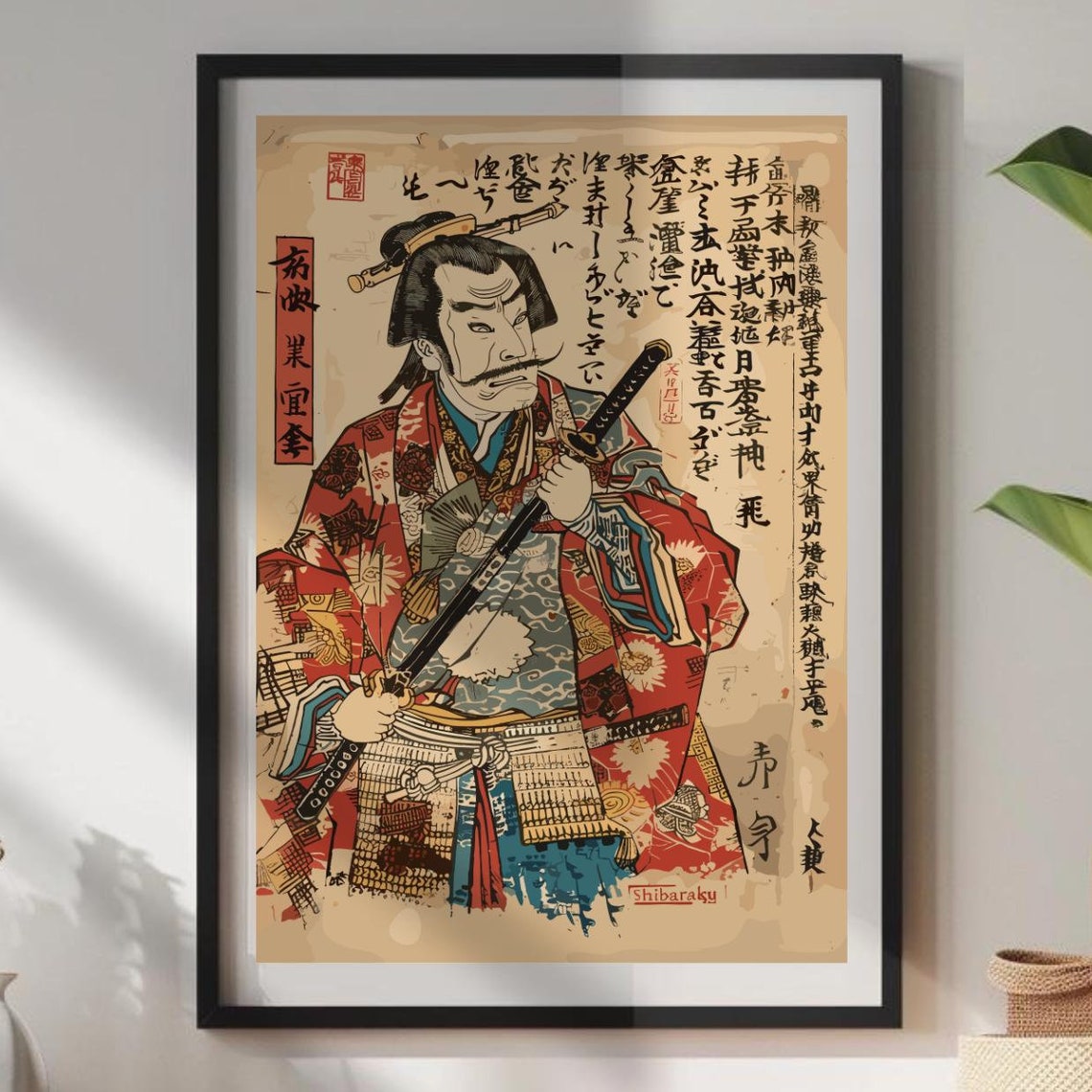 Japanese Samurai Warrior Ukiyo E Style Woodblock Sword Art Poster