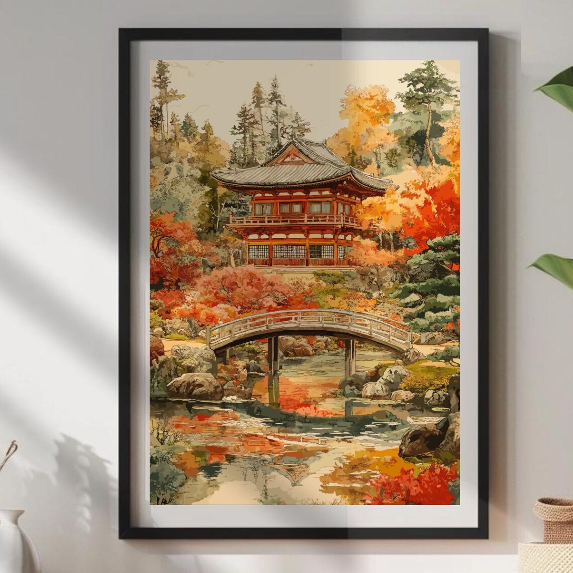 Japanese Golden Temple Autumn Foliage Watercolor Pond Art Poster