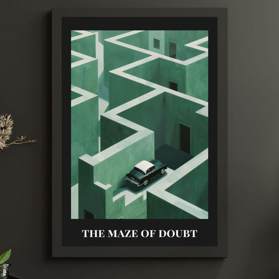 Vintage Travel Poster Retro Wall Art Conceptual Print Surreal Maze Moody Decor Green Gift For Him Her