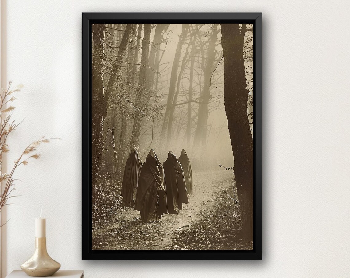 Four Hooded Ghosts on Foggy Forest Path Vintage Sepia Horror Poster