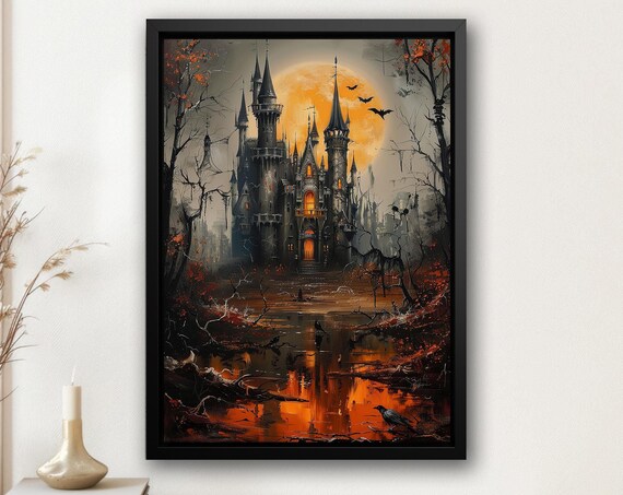 Dark Gothic Castle Under Orange Full Moon Bats and Crows Halloween Poster