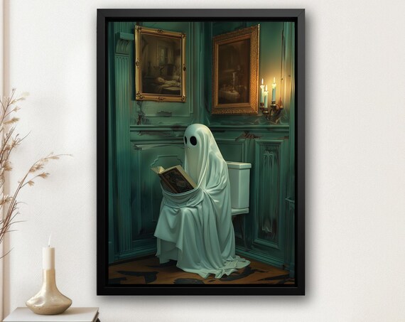 Ghost Reading Book on Toilet Elegant Green Bathroom Funny Halloween Poster