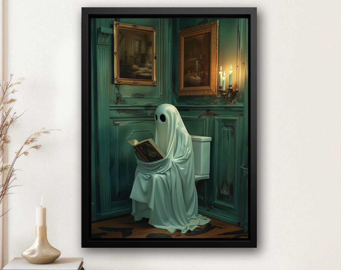 Ghost Reading Book on Toilet Elegant Green Bathroom Funny Halloween Poster