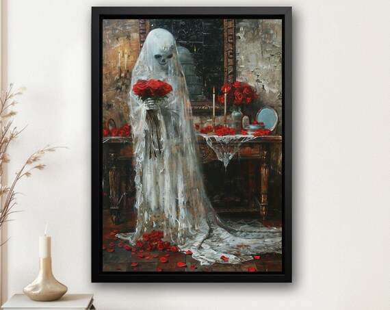 Ghost Bride Skeleton Holding Red Roses Gothic Vanity Candlelit Poster