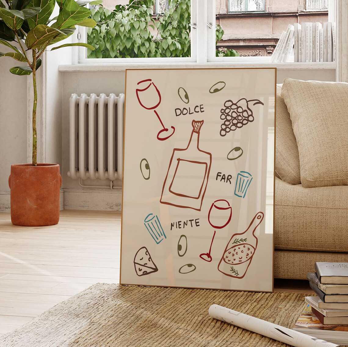 Dolce Far Niente Retro Italian Wine Food Doodle Kitchen Poster - Image 2