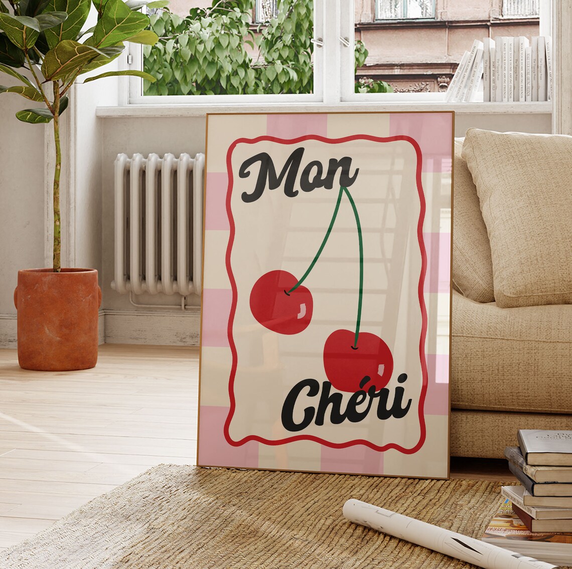 Mon Cheri French Sweet Cherry Pink Checkerboard Kitchen Poster - Image 3