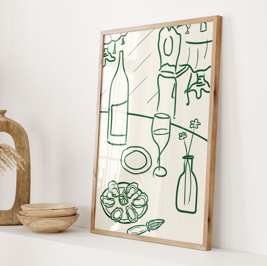 Wine and Oysters Green Line Drawing Bistro Kitchen Decor Poster - Image 4