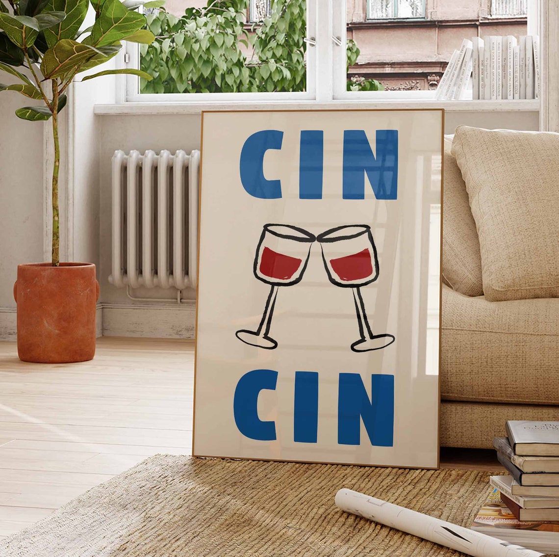 Cin Cin Bold Wine Glasses Cheers Red Blue Kitchen Bar Poster - Image 4
