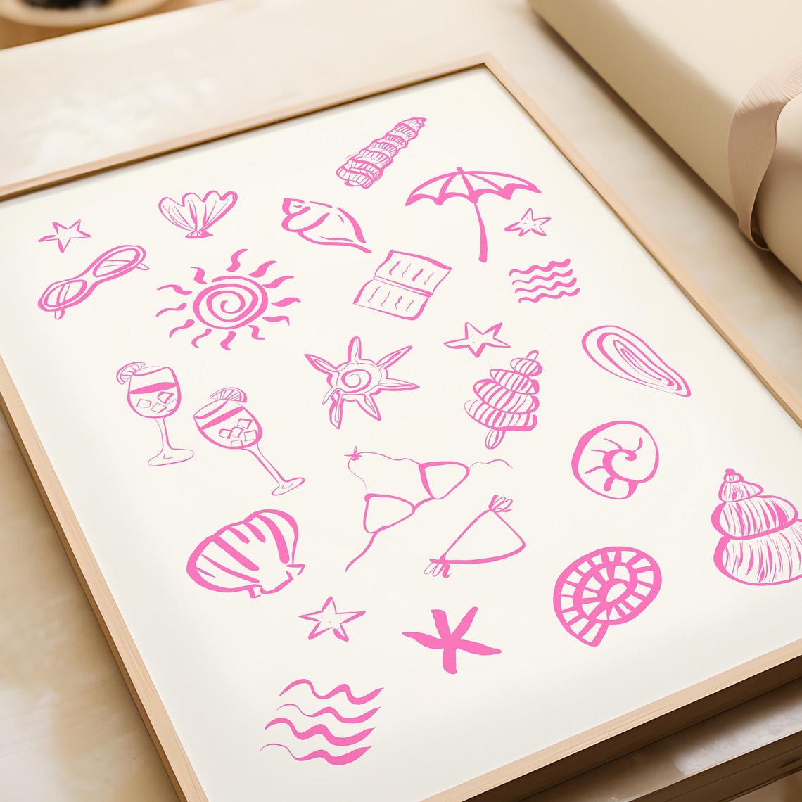 Blush Pink Coastal Icons Hand Drawn Summer Doodle Pattern Poster - Image 3