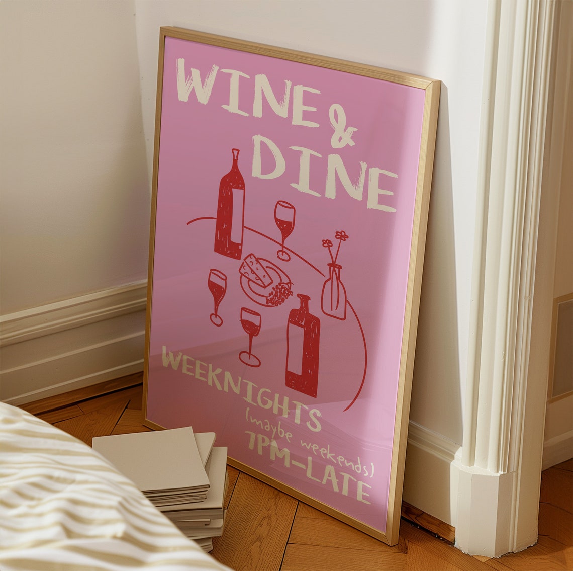 Wine and Dine Bold Pink Retro Weeknights Kitchen Wall Poster - Image 2