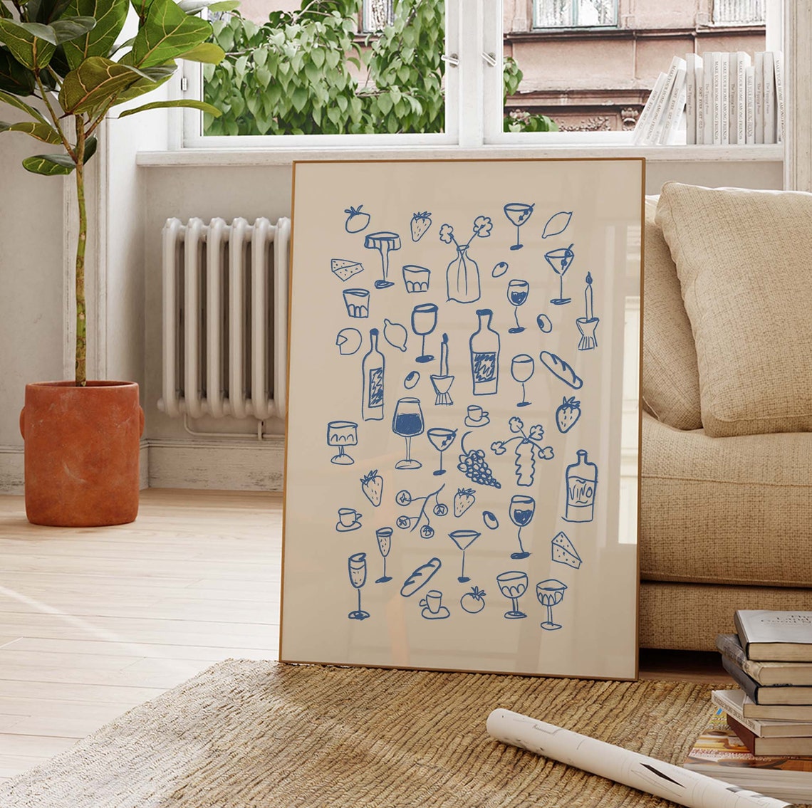 Blue Line Dinner Party Wine Glasses Cocktail Doodle Art Poster - Image 3