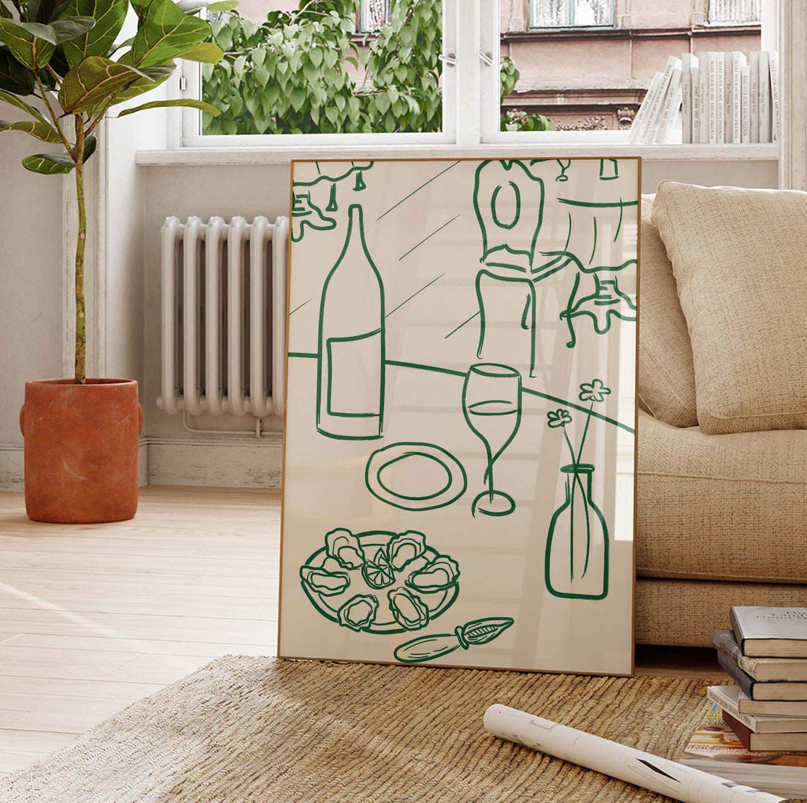 Wine and Oysters Green Line Drawing Bistro Kitchen Decor Poster - Image 3