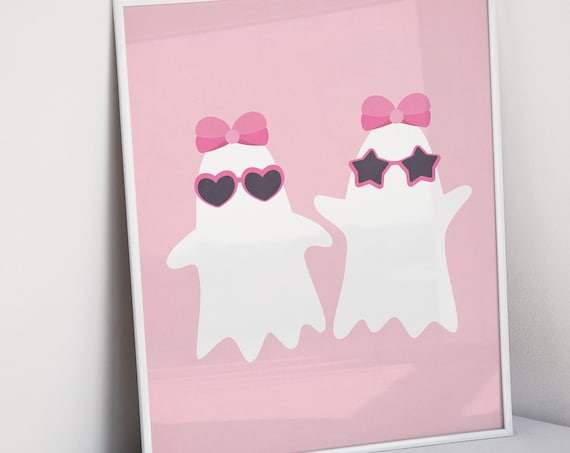 Cute Pink Ghost Besties With Sunglasses and Bows Halloween Poster