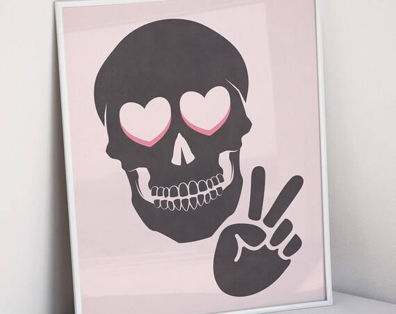 Pink Skull Heart Eyes Peace Sign Cute Girly Halloween Poster
