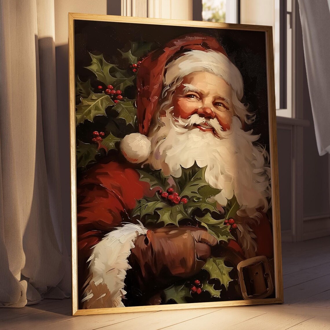 Vintage Santa Claus Portrait with Holly Christmas Holiday Art Poster