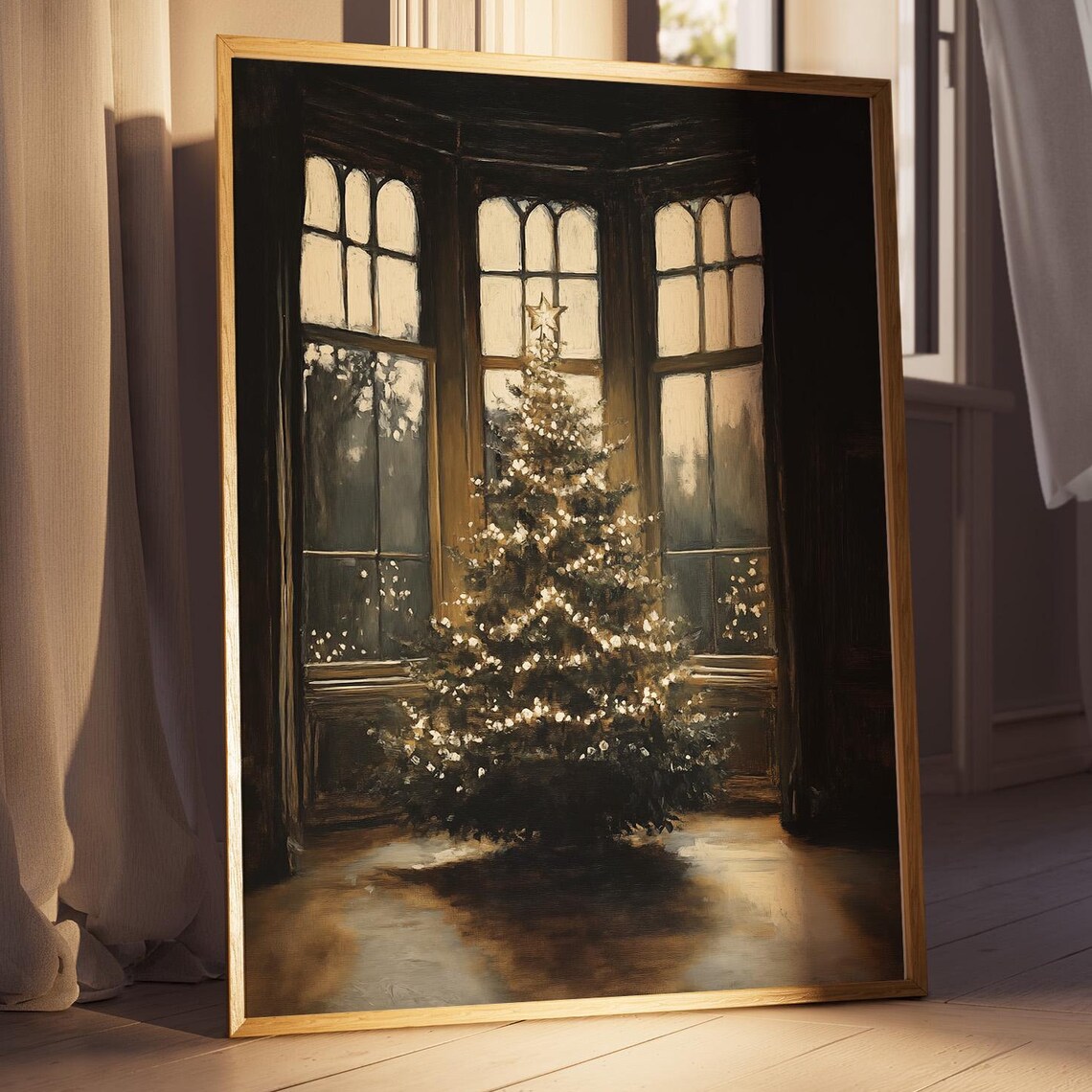 Moody Christmas Tree By Tall Windows Golden Night Interior Poster