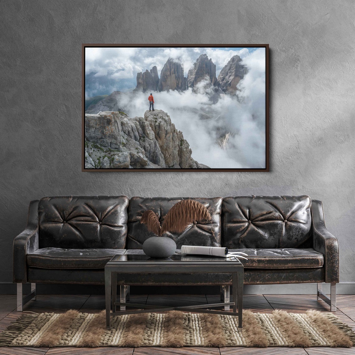 Red Jacket Hiker On Cliff Edge Over Cloud Valley High Peaks Poster