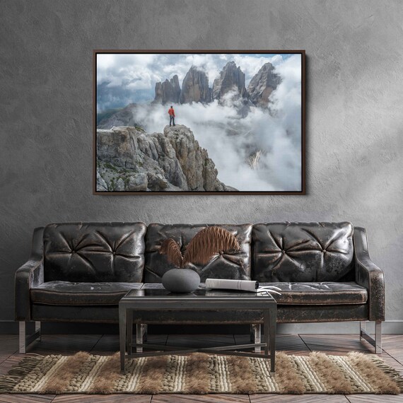 Swiss Alps Aerial Photo Misty Mountains Hiker On Top Of Peak Wall Art Print Ready To Hang