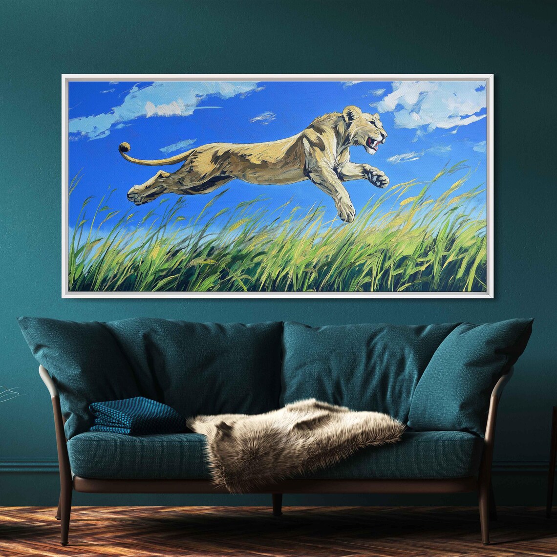 Lioness Leaping Through Grass Vivid Blue Sky Dynamic Wildlife Art Poster