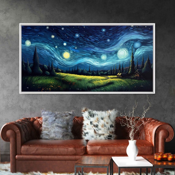 Starry Night Van Gogh Inspired Impressionist Wall Art Print Peaceful Night Skyscape Old Farmhouse Ready To Hang