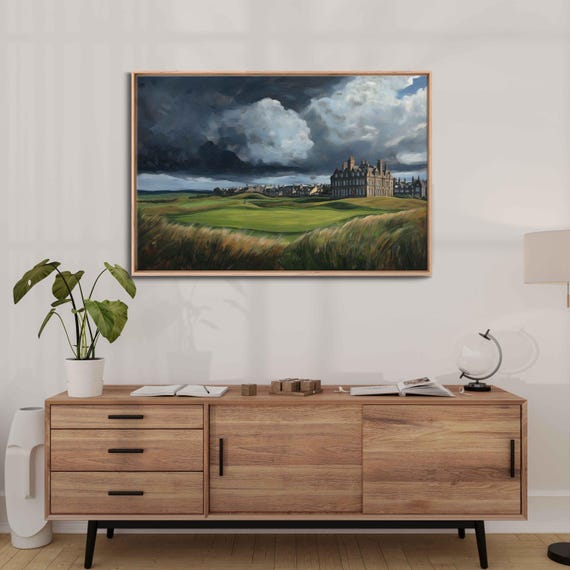 St Andrews Old Course Wall Art Print Historic Clubhouse Stormy Sky Rolling Hills