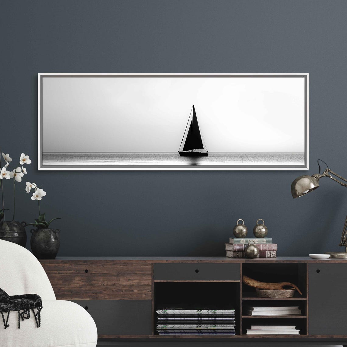 Black And White Sailboat Silhouette Minimalist Calm Ocean Poster - Image 3