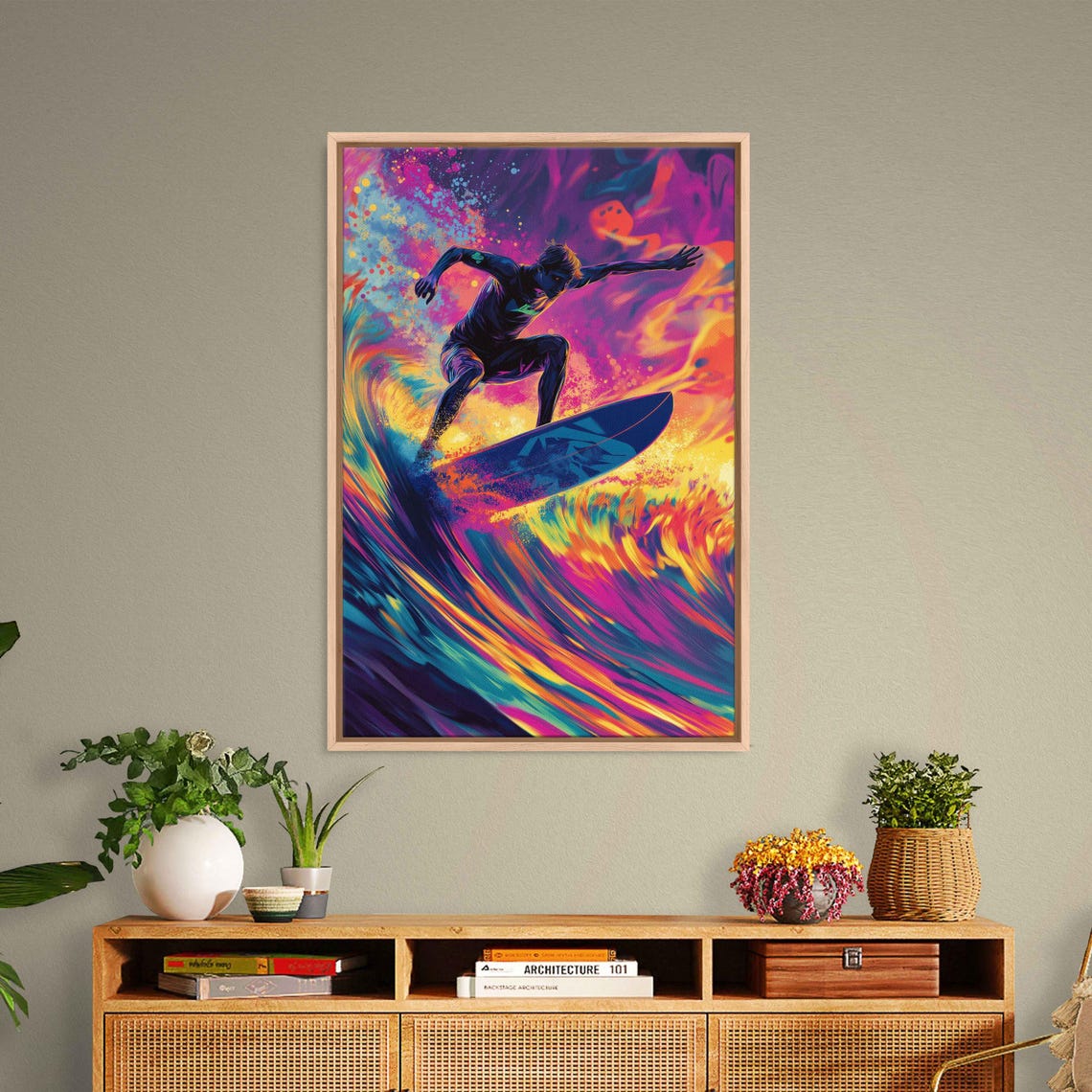 Colorful Pop Art Surfer Riding Neon Wave Surfing Action Poster